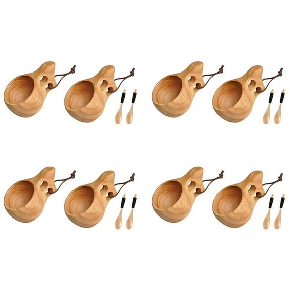 8Pack Nordic Style Wooden Cup Kuksa Cup Portable Outdoor Camping Drinking Mug Wooden Coffee Cup with Wooden Spoon,8 x cups 8 x spoons,wood color