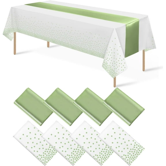 8Pack Plastic Tablecloths and Satin Table Runner Set Disposable White and Sage Green Dot Table Cloth Green Satin Table Runner for Wedding Birthday Baby Shower Anniversary Holiday Party Decorations