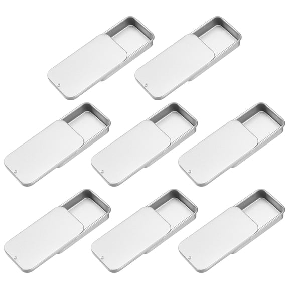 8Pack Slide Top Tin Containers, 2"x1"x0.4" Mini Metal Empty Tins Box with Sliding Lids, Frosted Silver