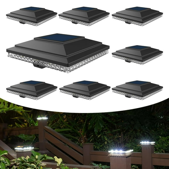 8Pack Solar Post Cap Lights for Outdoor Decks & Fences 20Lumens Dual Mode (Warm White/Bright White) Powerful Lithium Battery Fits 4x4 & 5x5 Wooden/Vinyl Posts (Black)