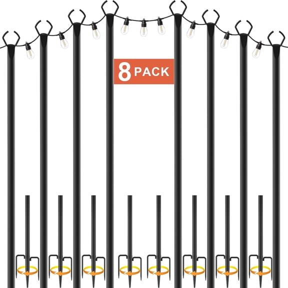 8Pack String Light Poles, 10ft Light Poles for Outside String Lights, Outdoor Lights Pole with Fork, Metal Poles Stand for Patio Deck Backyard