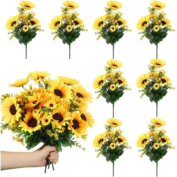 8Packs Artificial Sunflowers with Stems Silk Fake Sunflowers Bouquet Plastic Silk Sunflowers Wedding Decor Faux Flower Party Decor