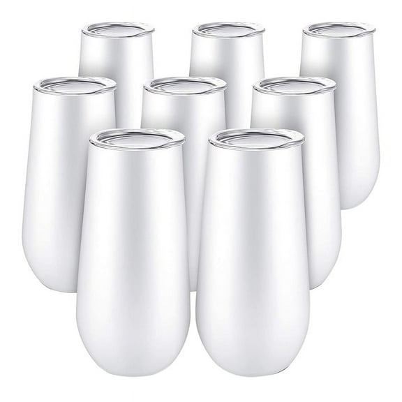 8Packs Stemless Champagne Flutes Wine Tumbler, 6 OZ Double-Insulated Wine Tumbler with Lids Cocktail Cups White