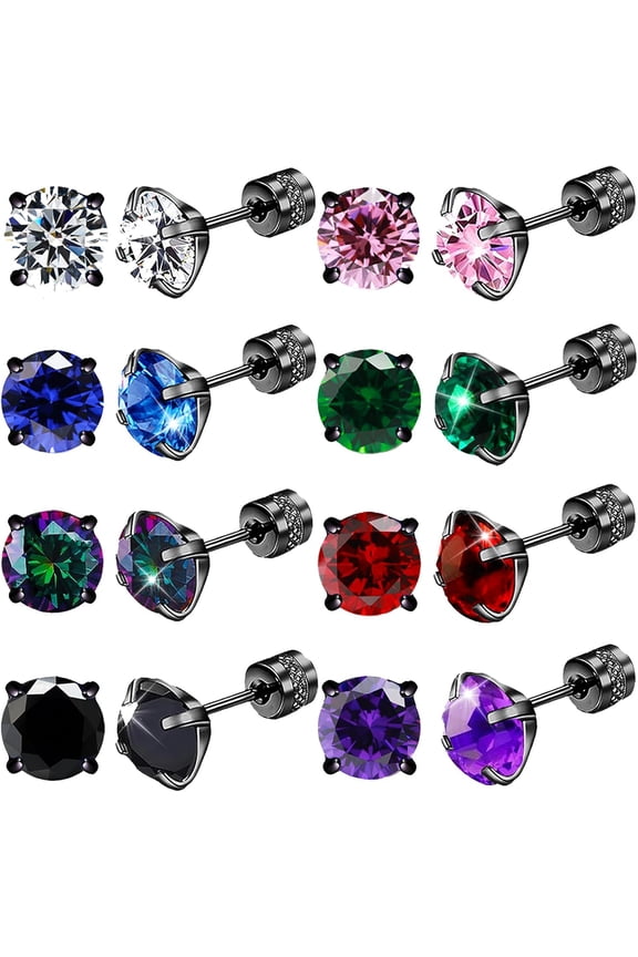 8Pairs Screw Back Stud Earrings Surgical Stainless Steel Stud Earrings for Women Men Hypoallergenic Titanium Earring for Sensitive Ears Rainbow CZ Double Side Sleeper Studs