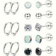 CNFJPT 8Pairs Surgical Stainless Steel Earrings for Sensitive Ears Small Opal Ball CZ Flat Back Stud Earrings Hypoallergenic Hoop Earrings for Women Men 20G Cartilage Earrings
