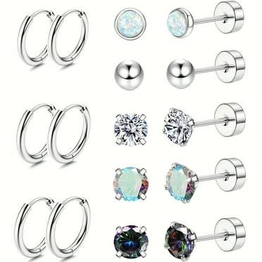 8Pairs Surgical Stainless Steel Earrings for Sensitive Ears Small Opal Ball CZ Flat Back Stud Earrings Hypoallergenic Hoop Earrings for Women Men 20G Cartilage Earrings