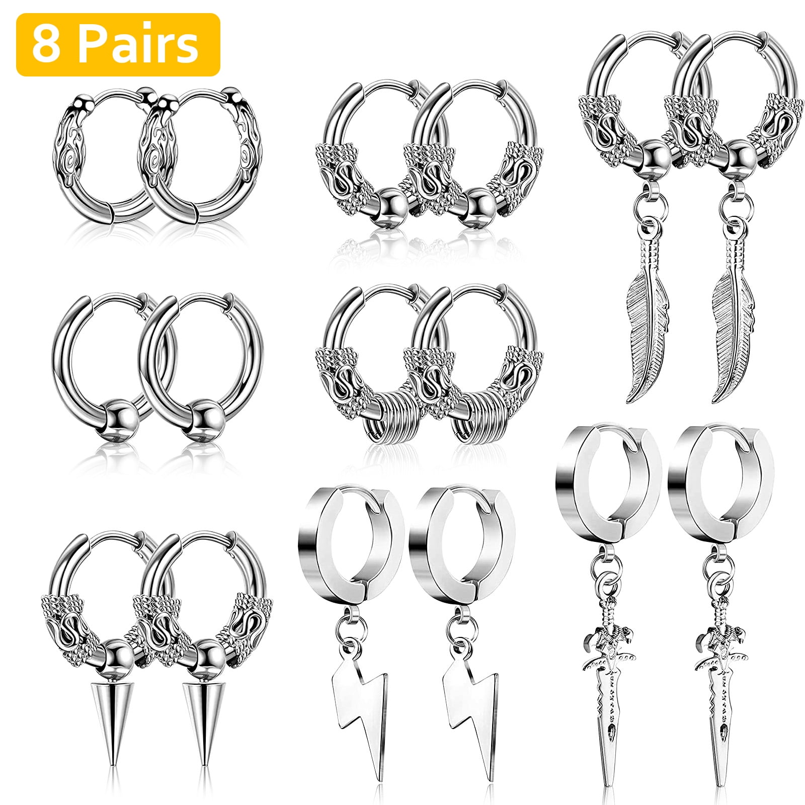 8Pairs Surgical Stainless Steel Huggie Hoop Earrings TSV Punk Hip