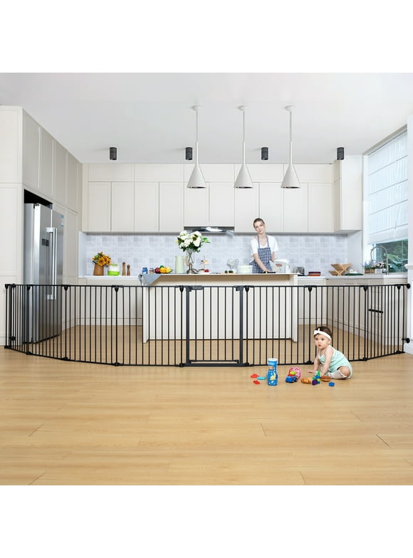8Panel 198" Extra Wide 30" Tall Baby Gates Fireplace Fence Toddler Playard, Black