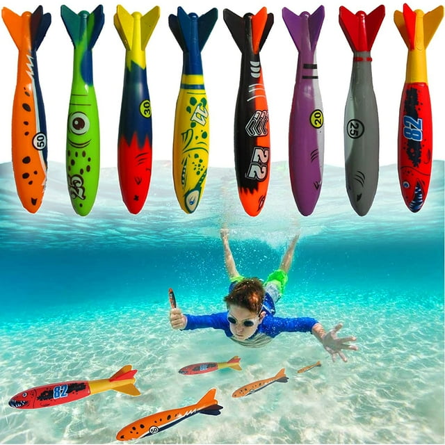 8Pc 5" Underwater Diving Torpedo Bandits, Swimming Pool Toy Sharks Glides Up to 20 Feet Fun
