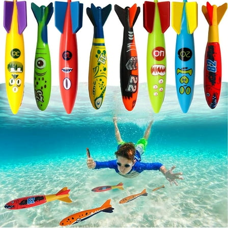 8Pc 5" Underwater Diving Torpedo Rocketpedo, Pool Dive Throw Toypedo Sharks Glides Up to 20 Feet Fun Water Games for 5Y+ Boys and Girls (Style A)