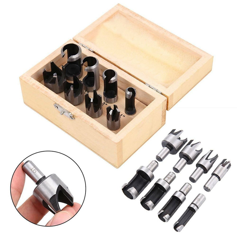 8Pc Wood Plug Hole Cutter Set Dowel Maker Tool Shank Drill Bits In Wooden Case Smile Home