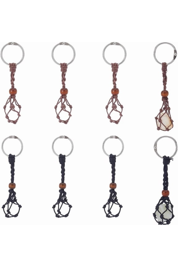 8Pcs 115mm 2 Color Cage Keychains Stone Empty Holder Waxed Cotton Thread Cords Macrame Pouch Keychains Adjustable Gemstone Keychain Holder for Women Men Car Key Holder