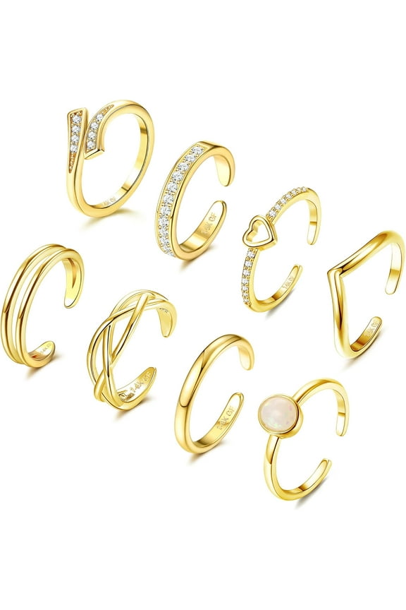 8Pcs 14K Gold Filled Toe Rings for Women Non Tarnish Adjustable Gold Toe Rings Set Open Band Simple CZ Toe Ring Summer Beach Foot Jewelry