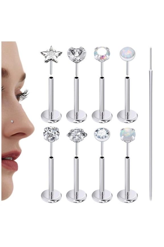 8Pcs 16G Push in Theadless Nose Rings Studs Hypoallergenic Lip Labret Jewelry Flat Back Nose Stud Stainless Steel Cartilage Helix Tragus Earrings for Women Men