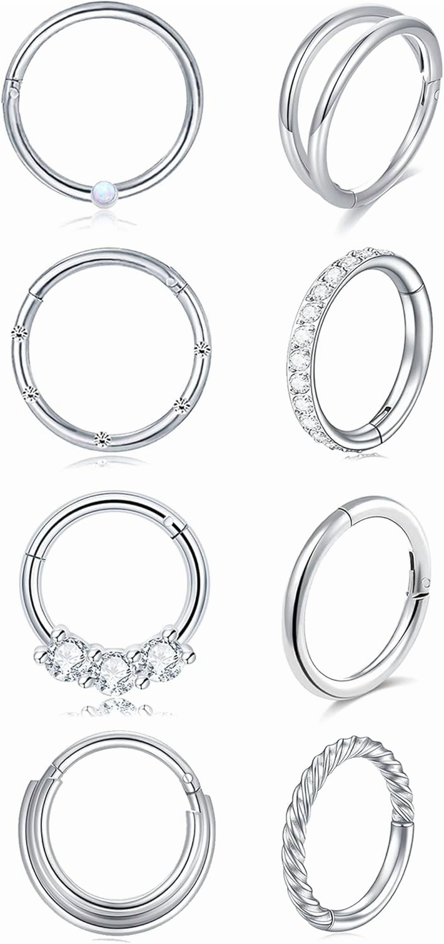 8Pcs 16G Steel Nose Rings Hoops Hinged Clickers Tragus Conch Helix Cartilage Earrings Daith Nose Piercings Jewelry Women Men 8mm 10mm Stainless CZ Opal Seamless Septum Ring Hoop Rook Sets[v104]