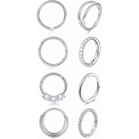 8Pcs 16G Steel Nose Rings Hoops Hinged Clickers Tragus Conch Helix Cartilage Earrings Daith Nose Piercings Jewelry Women Men 8mm 10mm Stainless CZ Opal Seamless Septum Ring Hoop Rook Sets[v104]