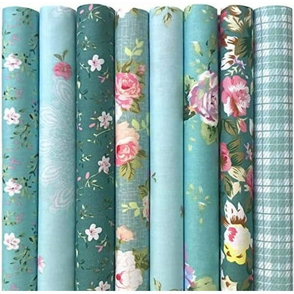 8Pcs 18x22 inch Cotton Fabric Green Floral Rose Fat Quarters Fabric Pre-Cut Quilt Squares for Patchwork Quilting and DIY Sewing Projects
