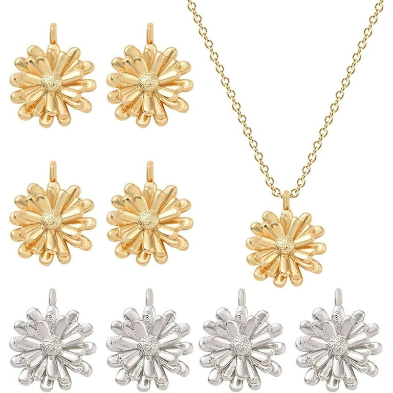 8pcs 2 Colors 18K Real Gold Plated Flower Charms Mini Chrysanthemum Brass Charms Pendants for DIY Jewelry Making Hole: 1.5mm, Adult Unisex, Size: One