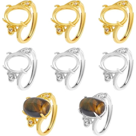 8Pcs 2 Colors 4 Prong Ring Blanks Round Cubic Zirconia Ring Components Adjustable Claw Prong Ring Blank Rhinestone Claw Prong Ring Settings Gemstones Ring Bases for DIY Jewelry Making 19m