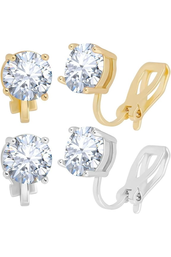 8Pcs 2 Colors Clip On Cubic Zirconia Earrings 18K Gold&Platinum Plated Brass Clip-on CZ Ear Stud for Women
