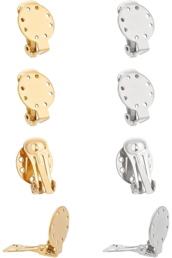 8Pcs 2 Colors Clip on Earrings Findings Flat Round Earring Stainless Steel Earring Converters Non-Piercing Earrings Metal Clip