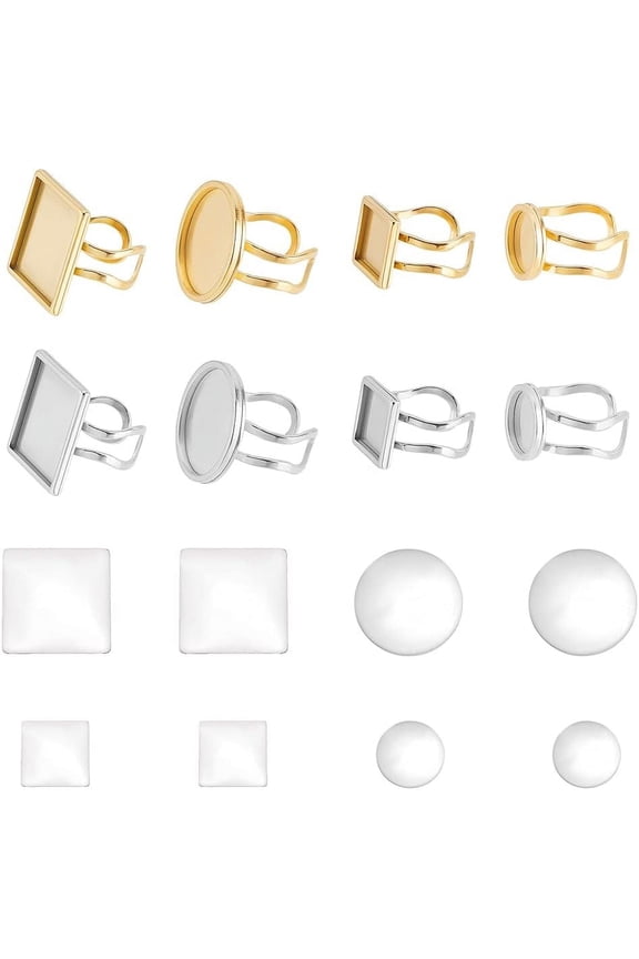 8Pcs 2 Colors Cuff Pad Ring Round/Square Finger Ring Trays Adjustable Rings Tray with Transparent Glass Cabochons Ring Base Trays DIY Bezel Blanks for Rings Craft Jewelry Making