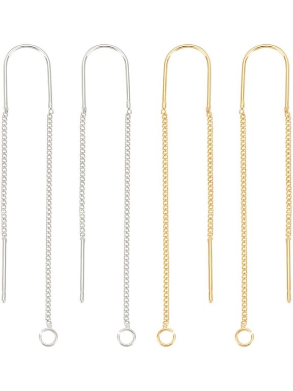 8Pcs 2 Colors Ear Threads 18K Gold & 925 Sterling Silver Plated String Earring Threader 60mm Pull Through Threaded Long Chain with 925 Sterling Silver Pins and Loop for DIY DIY Earring Making