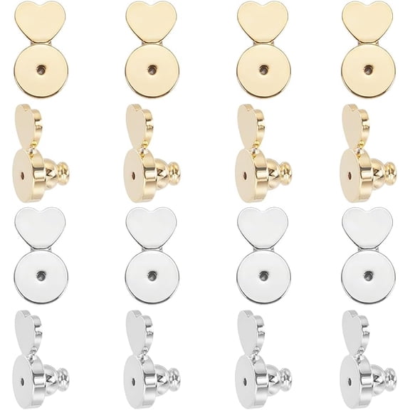 8Pcs 2 Colors Heart Shape Earring Backs Droopy Ears 18K Gold Plated Earring Backs Replacements Platinum Large Secure Safety Locking Stoppers