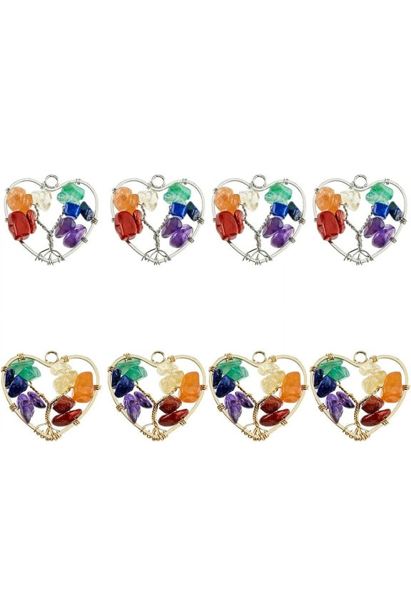 8Pcs 2 Colors Heart Tree of Life Gemstones Pendant Quartz 7 Crystals Gemstones Charms Life of Tree Pendant Charms for DIY Making