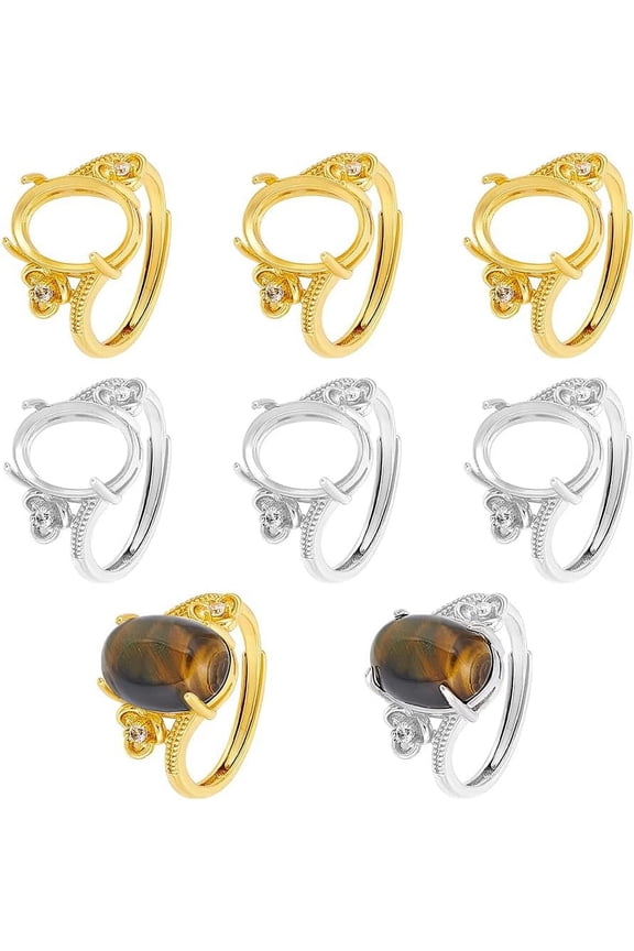 8Pcs 2 Colors Rack Plating Oval Brass Micro Pave Cubic Zirconia Adjustable Solitaire Ring Components 4 Claw Prong Ring Settings