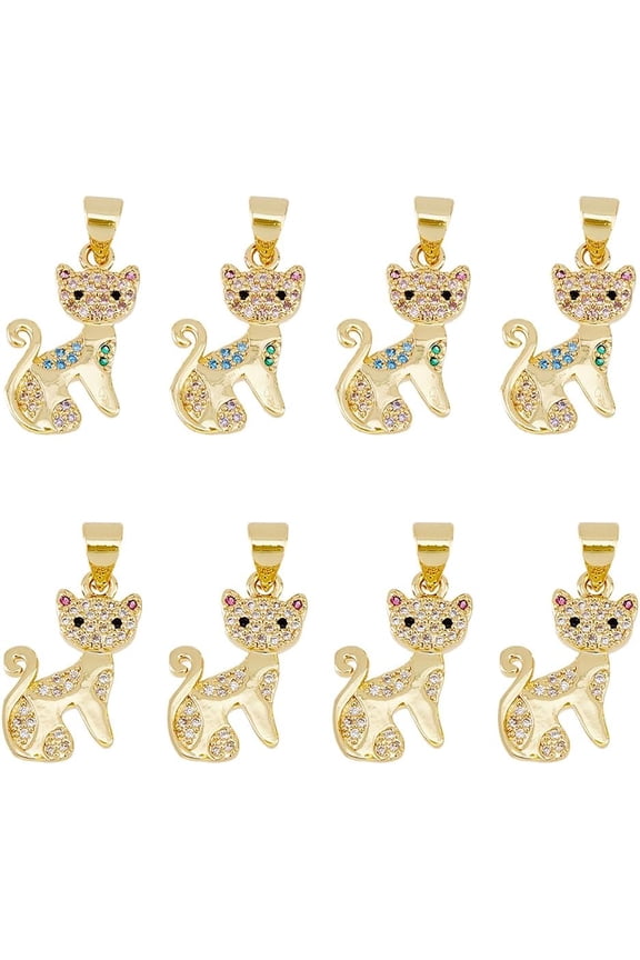 8Pcs 2 Colors Rhinestone Cat Charms 18K Gold Plated Cat Pendants Cubic Zirconia Feline Charms Animal Pendants with Large Hole Clasp for DIY Jewelry Making Crafts Brown