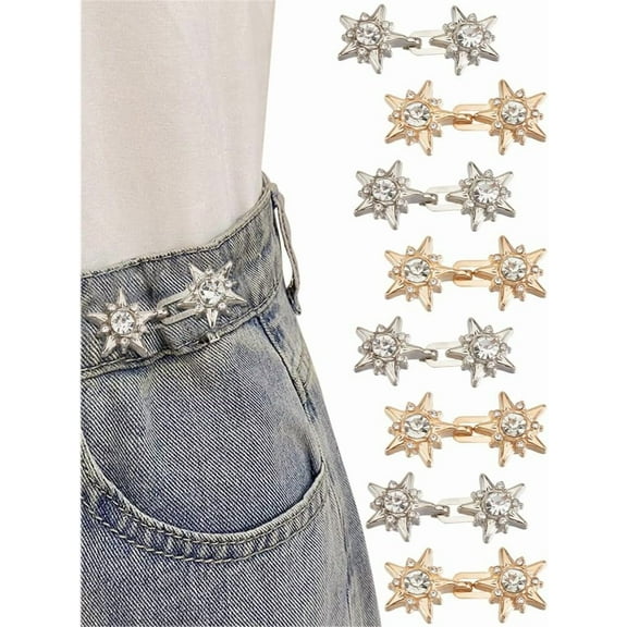 8Pcs 2 Colors Star Shape Alloy Rhinestone Adjustable Jean Button Pins Waist Tightener Sewing Fasteners for Garment Accessories Platinum Light Gold 22.5x18mm Making DIY
