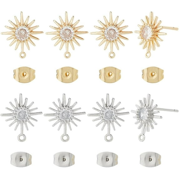 8Pcs 2 Colors Sun Earring Findings Cubic Zirconia Earring Posts Brass Stud Earring Posts with Butterfly Earring Backs for Women Ladies Dangle Earring Jewelry Making Gold