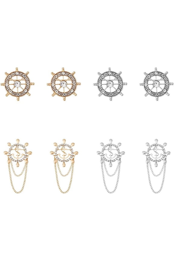 8Pcs 2 Style 2 Color Anchor Nautical Brooch Rhinestone Safety Pin Sailor Style Label Pin Steering Badges Vintage Suit Decaration