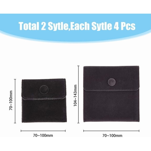 8Pcs 2 Style Black Square Velvet Bags with Snap Fastener Coin Purses Fabric Storage Jewelry Pouches Small Velvet Gift Bags