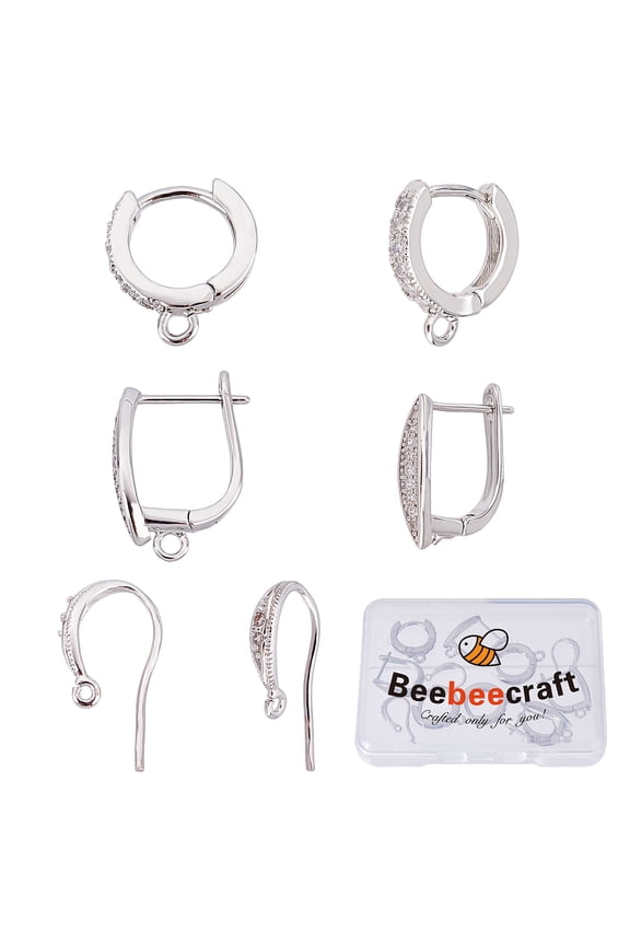 8Pcs 2 Style Brass Micro Pave Cubic Zirconia Hoop Earrings with 4Pcs Earring Hooks with Loop Platinum 14~17.5x2.5~9x2.5~13.5mm