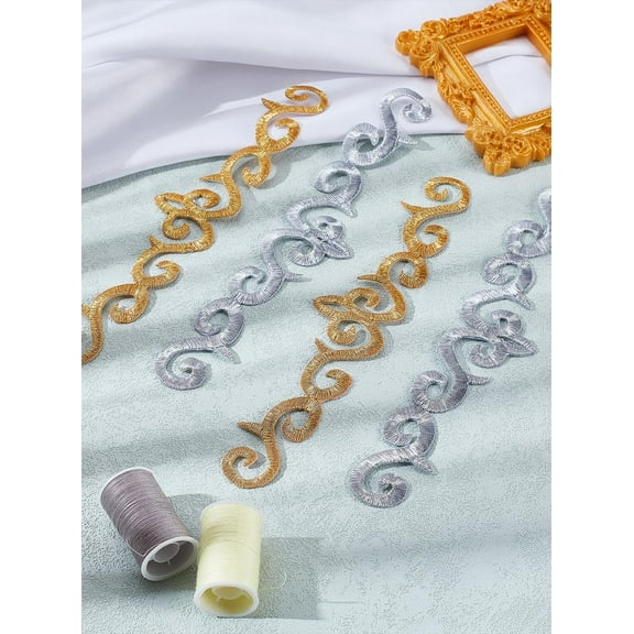 8Pcs 2 Styles Applique with Embroidered Metallic Vine Border Embroidery Cloth Long Scroll Motif Iron on Patches for Clothing Curtains Sofa Blankets Embellishments