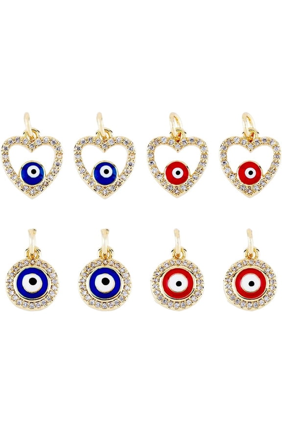 8Pcs 2 Styles Charms Tiny Heart and Round Cubic Zirconia Charms Hollow Brass Charms with Blue and Red Evil Eyes Enamel Pendants with Jump Ring for Jewelry Making Hole: 3mm colorful