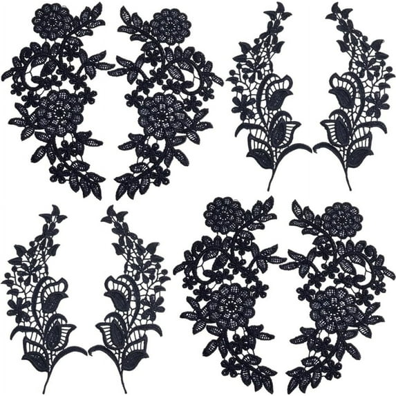 8Pcs 2 Styles Flowers Embroidery Lace Appliques Fabric Floral Sew on Applique Vintage Collar Neckline Trim Patches for Sewing Wedding Dress Clothing Hat Bag Jeans Pillow DIY Decor Black