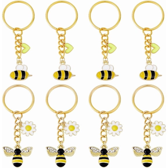 8Pcs 2 Styles Golden Bee Charms Keychain Rhinestone Honey Bee Keychains Cute Animal Keychain Bumble Bee Keychain Alloy Enamel Insect Key Ring for Women Handbags Purses Golden