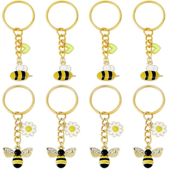 8Pcs 2 Styles Golden Bee Charms Keychain Rhinestone Honey Bee Keychains Cute Animal Keychain Bumble Bee Keychain Alloy Enamel Insect Key Ring for Women Handbags PursesGolden