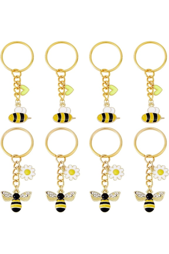 8Pcs 2 Styles Golden Bee Charms Keychain Rhinestone Honey Bee Keychains Cute Animal Keychain Bumble Bee Keychain Alloy Enamel Insect Key Ring for Women Handbags Purses Gold