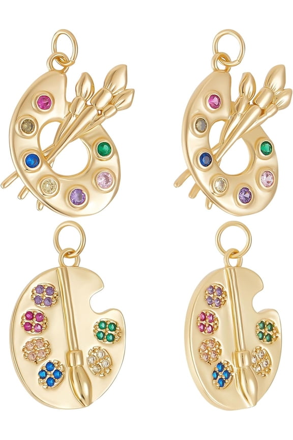 8Pcs 2 Styles Paint Brush Palette Charms 18K Gold Plated Pigment Colorful Painters Pendant Charms with Colorful Cubic Zircon for Jewelry Making Necklace Bracelet Silver