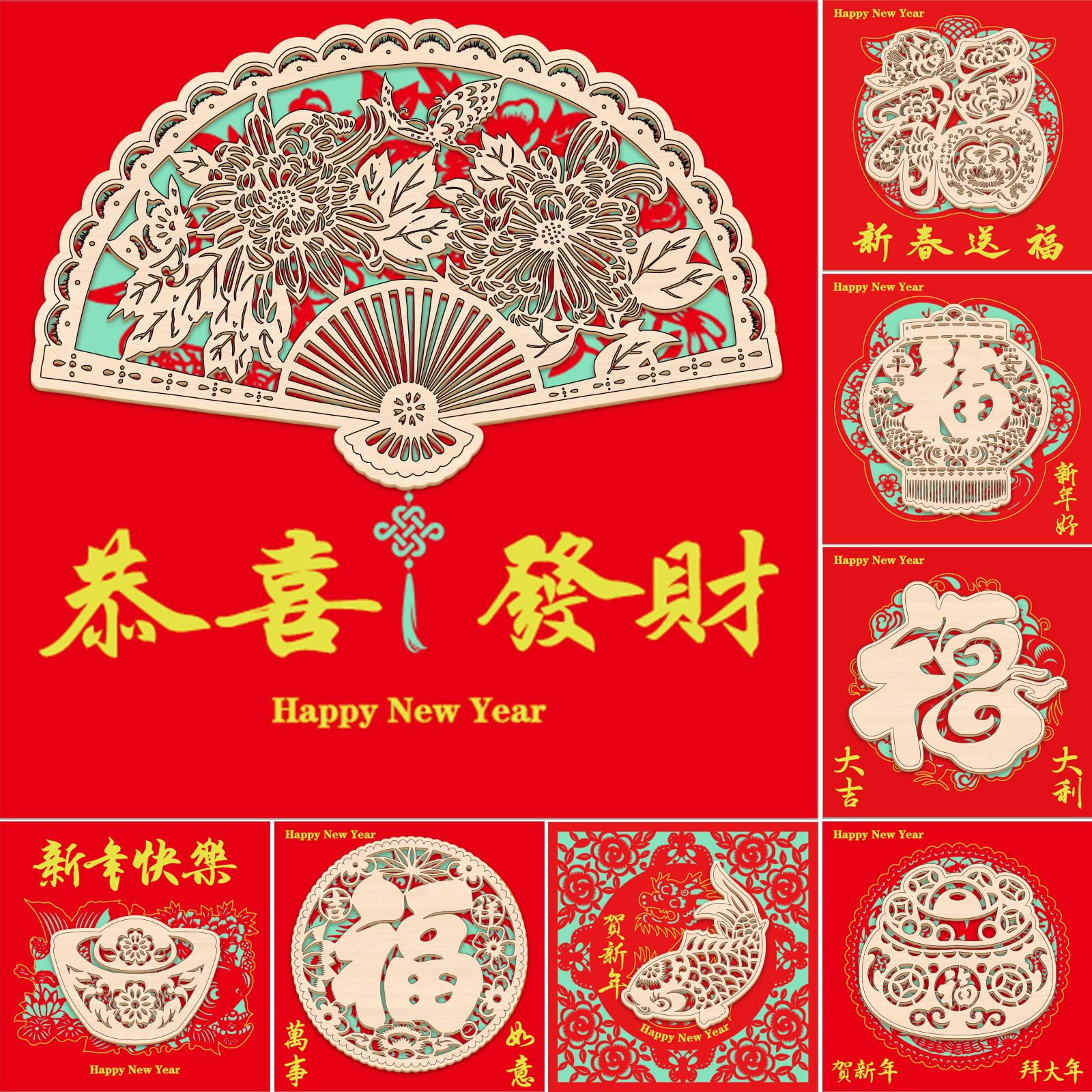 8Pcs 2025 Chinese New Year Greeting Cards with Red Envelopes Happy