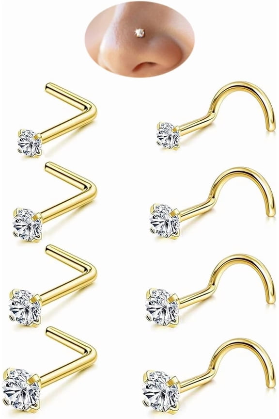 8Pcs 20G Nose Rings Studs Set for Women Men - Hypoallergenic Gold/Silver 316L Surgical Stainless Steel Nose Studs L Shaped Corkscrew Body Piercing Jewelry for Nose Earring Studs 1.5mm 2mm 2.5mm 3mm