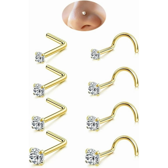 8Pcs 20G Nose Rings Studs Set for Women Men - Hypoallergenic Gold/Silver 316L Surgical Stainless Steel Nose Studs L Shaped Corkscrew Body Piercing Jewelry for Nose Earring Studs 1.5mm 2mm 2.5mm 3mm