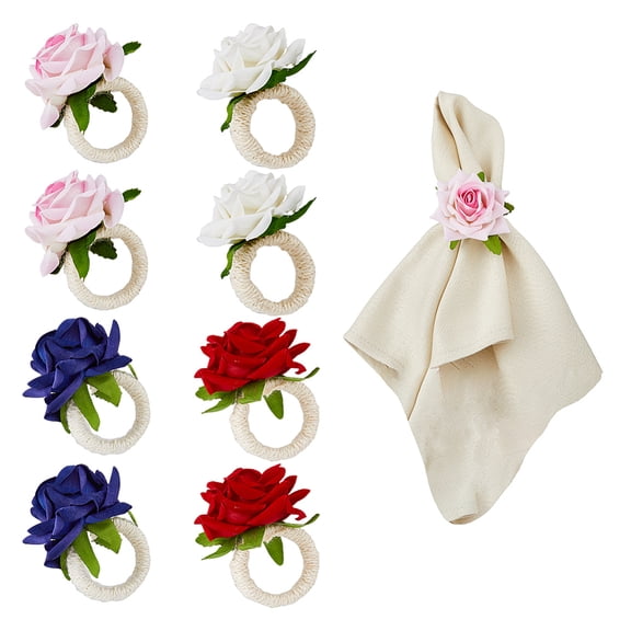 8Pcs 4 Color Artificial Rose Polyseter Napkin Rings with Hemp Rope Flower Dinner Napkin Holder Table Napkin Holder Adornment for Wedding
