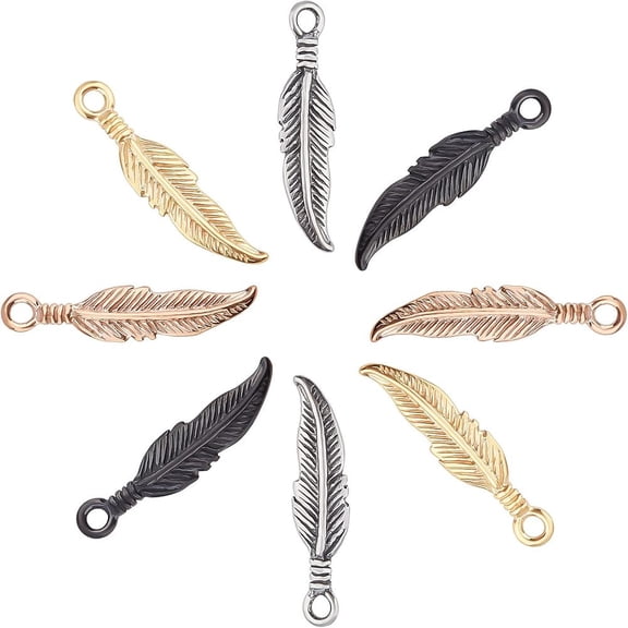 8Pcs 4 Colors 304 Stainless Steel Pendants Ion Plating (IP) Feather Mixed Color 25.5x6x2.5mm Hole: 2mm 2pcs/color