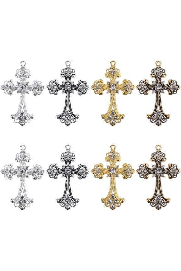 8Pcs 4 Colors Alloy Big Gothic Pendants with Rhinestone Mixed Color 75x50x7mm Hole: 3.5mm 2pcs/color for DIY