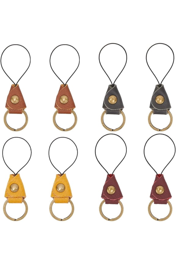 8Pcs 4 Colors Genuine Leather Keyring Strap Black Brown Red Orange Short Lanyard Grip Holders Finger Alloy Ring Charms Straps for Cell Phone Electronic Devices Keys ID Card Accessories